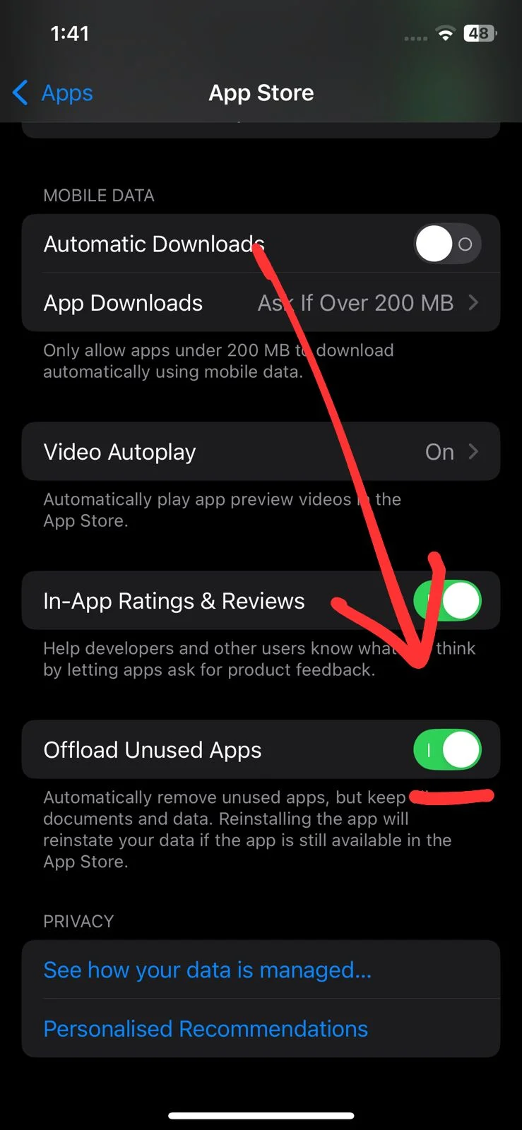 Enable Offload unused apps